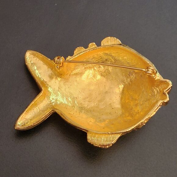 Funky Fish Pin Bright Gold Red Rhinestone SPARKLES Lg Brooch VTG Costume Jewelry - Picture 6 of 10
